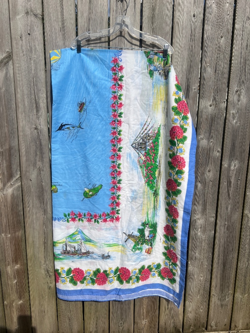 Vintage Portuguese Acores Tablecloth Azores Souvenir Scenic Floral